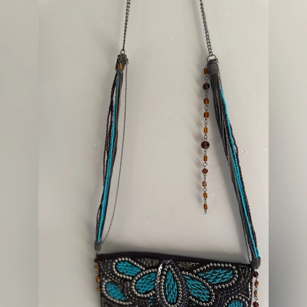 Ricki Designs Floral Beaded Chain Shoulder Strap Small Clutch Purse Turquoise